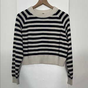 Divided Blue and White Striped Crew Neck Sweater